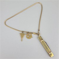 Gold Tone Watch Chain W/ Knife & Charms.