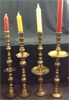 4 LARGE BRASS CANDLE HOLDERS, w CANDLES