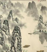 Framed Chinese Scroll Painting, Lake w/Mountains.