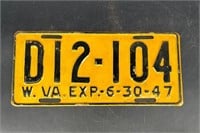 1947 WEST VIRGINIA LICENSE PLATE #D12104