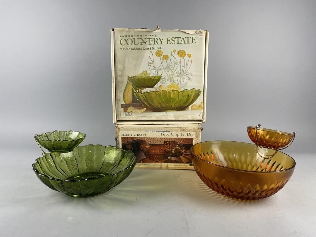 Vtg Golden Amber & Avocado Chip an’ Dip Sets