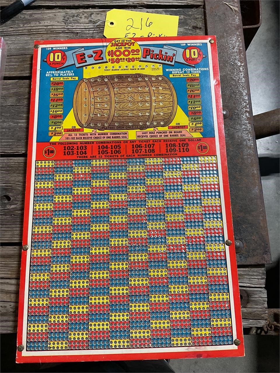 Vintage Gambling punchboard titled E-Z Pickens