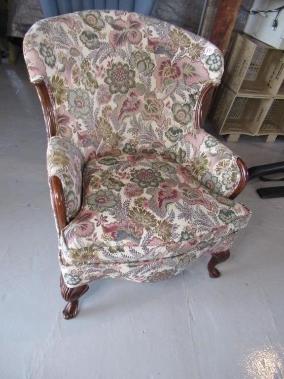 FLORAL WING BACK CHAIR WOOD ACCENTS