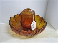 AMBER GLASS CANDLE HOLDER AND BOWL
