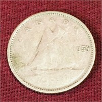 Silver 1954 Canada 10 Cent Coin