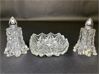Crystal Salt Pepper Shakers, Pressed Glass Dish