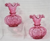 2 pcs Vintage Cranberry Glass Large Ruffle Vases