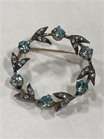 10k Gold Sterling Brooch With Blue Zircon &