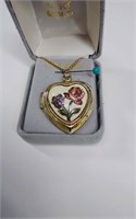 Old Gold Tone Heart Locket Enamel Flowers