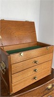 Oak handled 3 drawer storage chest, green velour