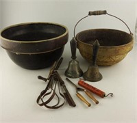 (2) primitive stoneware mixing bowls full of