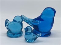 (3) Blue Art Glass Bird Figurines