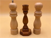 Wooden Candle Holder & Salt & Pepper Grinder Set