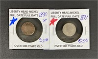 1890 & 1891 Liberty Head Nickel Coins