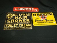 Three vintage signs: metal Harvester Cigars