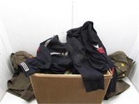 Box lot of vintage WWII military uniforms and