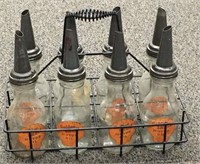 Tin Carrier With 8 Motor Oil Glass Bottles