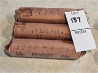 3 rolls of pennies marked 30s, 30s & 40s, 40s &