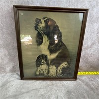 Vintage Framed Dog Print Spaniel and Puppy