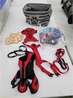 Assorted dog harnesses, neckerchief, tote, Etc