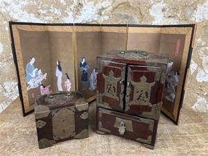 Chinese Dresser Boxes and Folding Screen