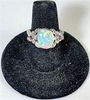 Sterling Opal & Rubies Ring 4 Grams Size 7
