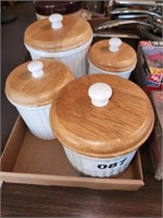 4 PC. WHITE CANISTER SET W/ WOOD LIDS