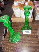 2 X'S BID 9" TALL GREEN GLASS CANDLE HOLDERS -