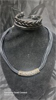 Ladies braided black leather bracelet and black