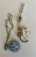 Silver jewelry- broach, necklace, watch & purse