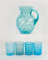 Blue Opalescent Coin Dot Water Pitcher, Tumblers