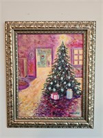 Framed Oil Painting Christmas Scene 15" x 18"