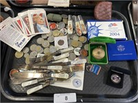 Political pins, coins, pocket watch, Barlow.