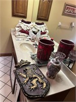 Contents of Bathroom including Maroon and White To
