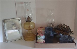 Vtg. Glass Oil Lamps (15" - 18" Tall), Floral