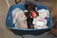 blue tote filled with boyds bears, and other