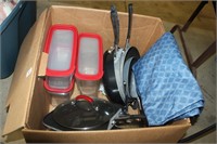 box lot of skillets, storage containers, table ch
