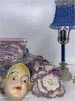 VTG BOUDOIR LAMP BLUE PRESSED+CUT GLASS