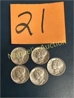 (5) 1942 MERCURY DIMES 90% SILVER