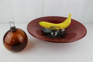 Japanese Glass Fishing Floats, Redware Glazed Bowl