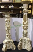 Wooden candlesticks, two carved and painted candle