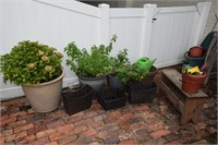 Potted plants, baskets, and garden supplies.
