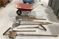 Metal Ace wheelbarrow w/ garden tools