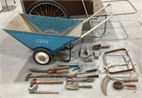 Metal Radio cart w/tools & garden tools