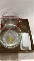 Pyrex, gravy bowl, wire basket, cut glass bowls