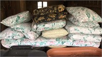 Mixed lot, lawn chair seat cushions and pillows.