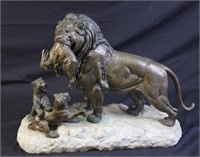 19th CENTURY DELABRIERE BRONZE LIONS ON MARBLE BAS