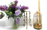 Bird Cage Music Box, Metal Pedestal Flower