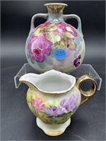 2 PC HAND PAINTED PORCELAIN VASE AND SMALL CREAMER