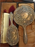 Antique silver vanity set brush comb mirror
